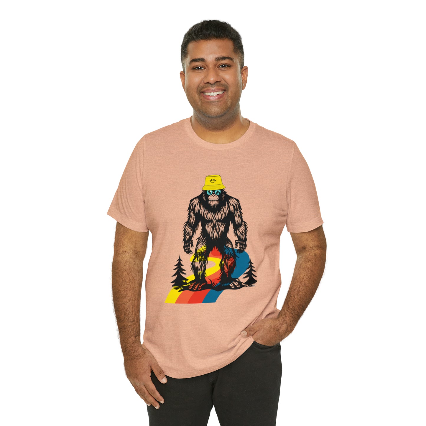 Bigfoot with smiley face hat Unisex Jersey Short Sleeve Tee