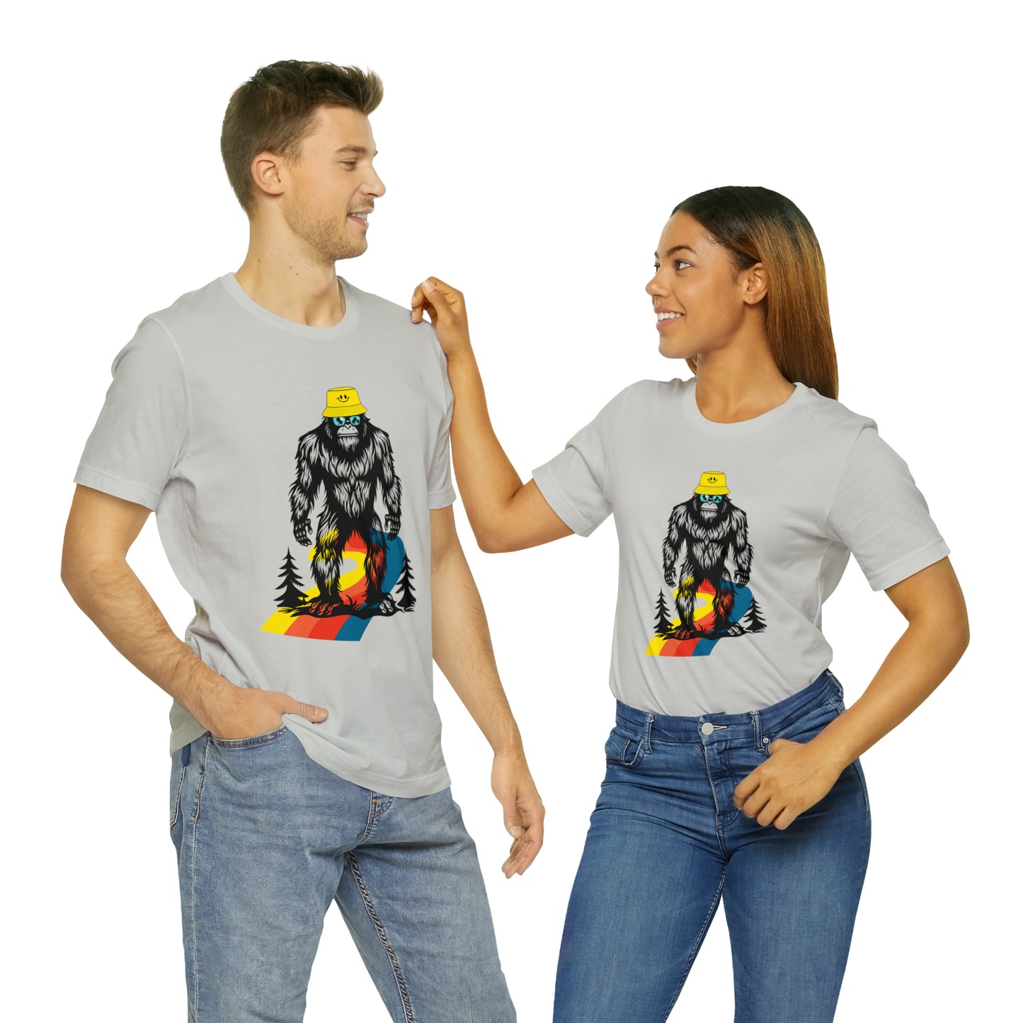 Bigfoot with smiley face hat Unisex Jersey Short Sleeve Tee