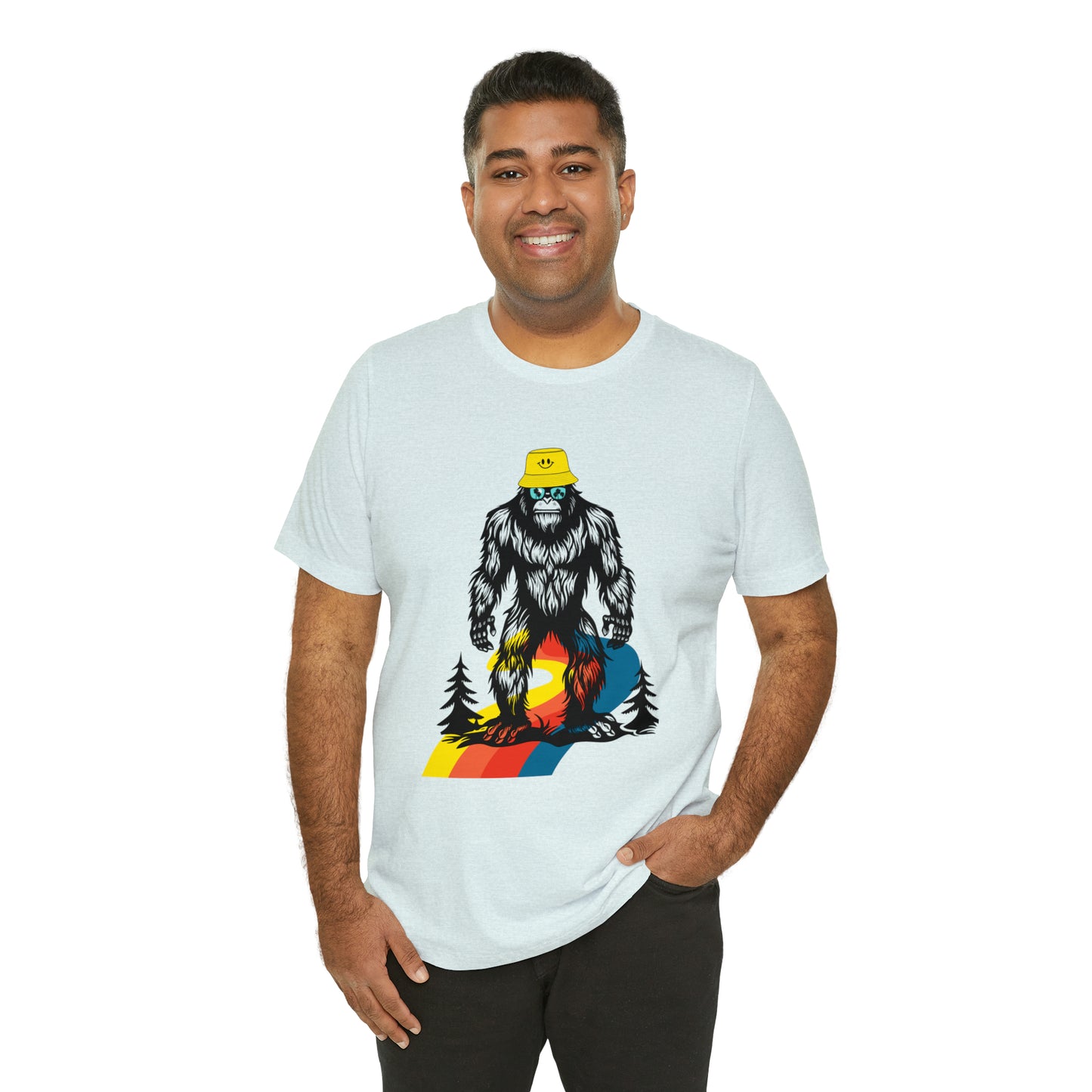 Bigfoot with smiley face hat Unisex Jersey Short Sleeve Tee