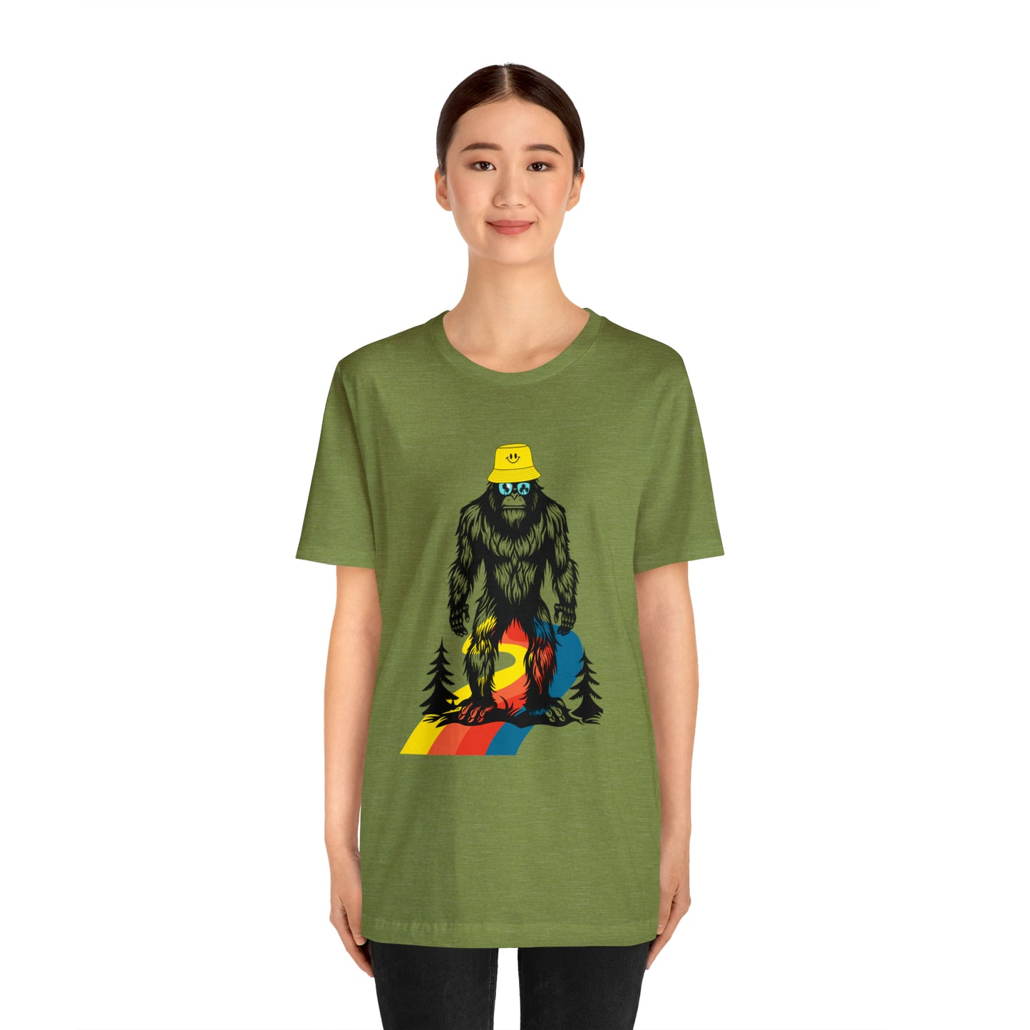 Bigfoot with smiley face hat Unisex Jersey Short Sleeve Tee