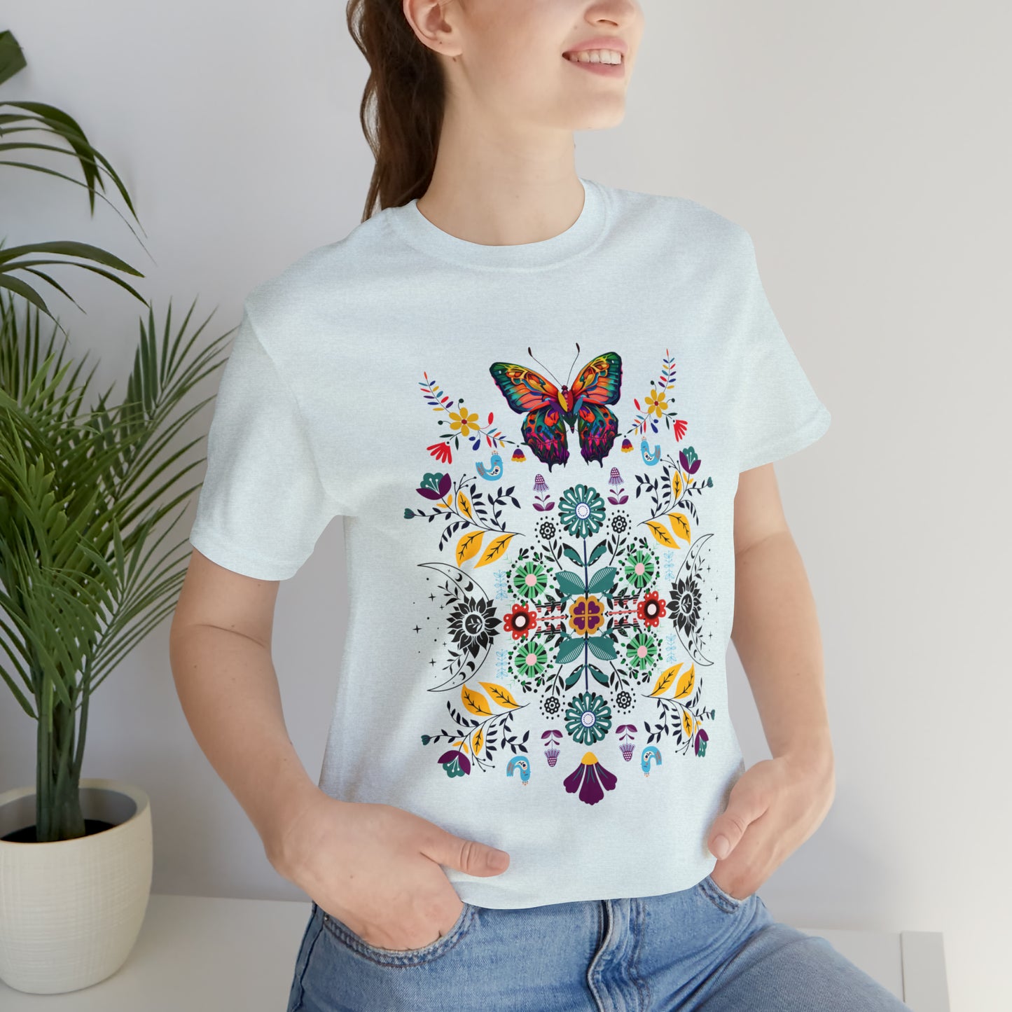 Celestial Folk art butterfly Unisex Jersey Short Sleeve Tee