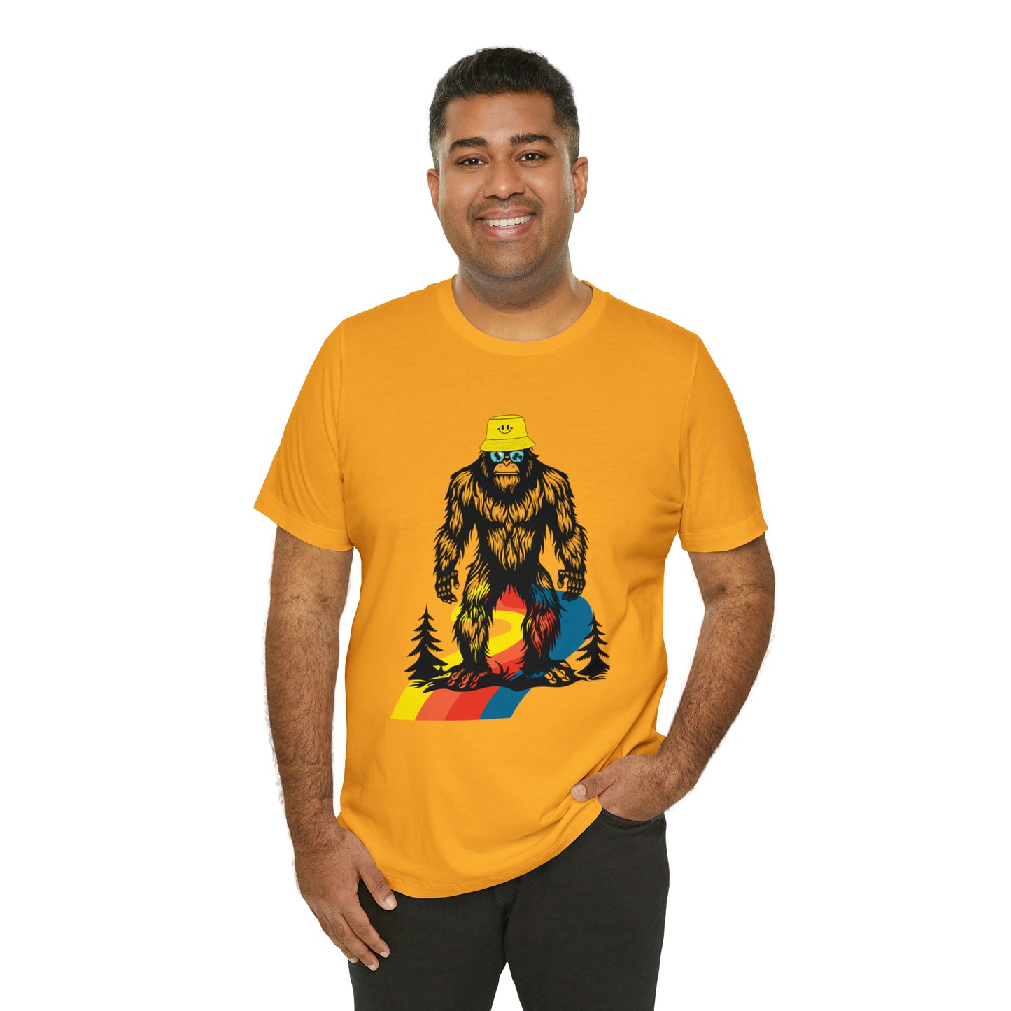 Bigfoot with smiley face hat Unisex Jersey Short Sleeve Tee