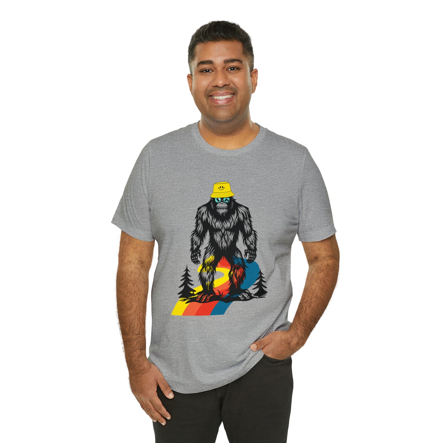 Bigfoot with smiley face hat Unisex Jersey Short Sleeve Tee