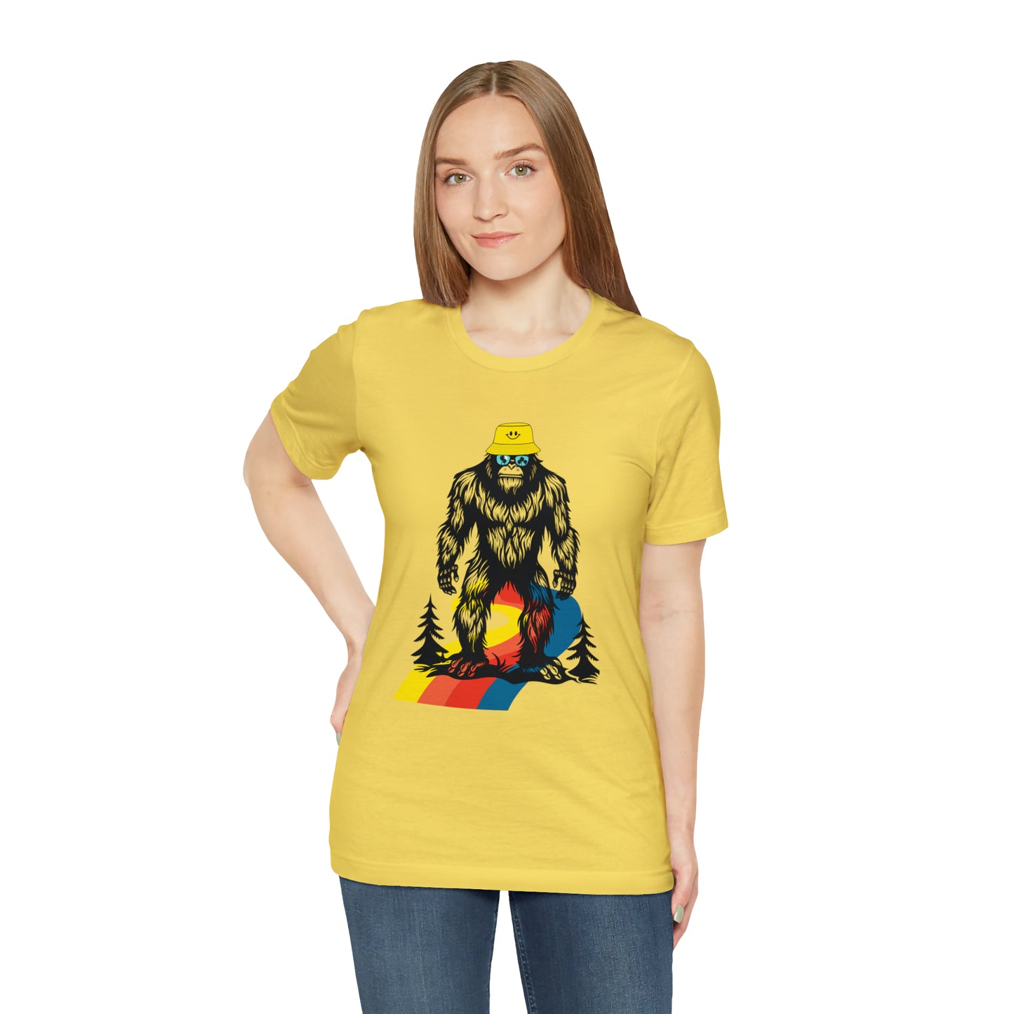 Bigfoot with smiley face hat Unisex Jersey Short Sleeve Tee