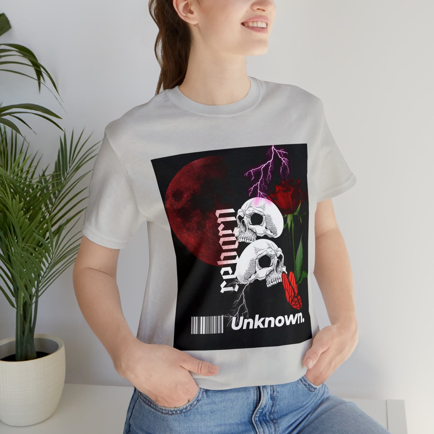 Reborn skull with red rose Unisex Jersey Short Sleeve Tee