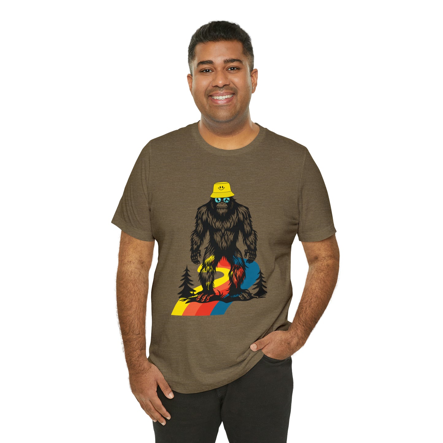 Bigfoot with smiley face hat Unisex Jersey Short Sleeve Tee