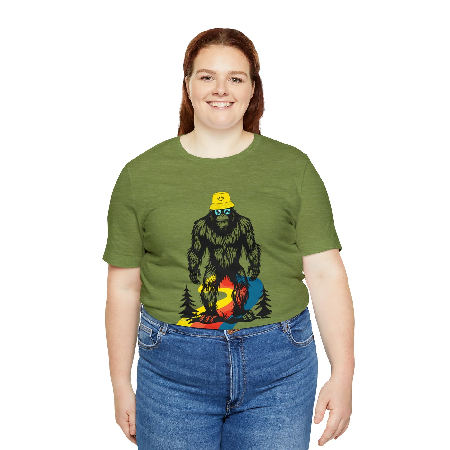 Bigfoot with smiley face hat Unisex Jersey Short Sleeve Tee