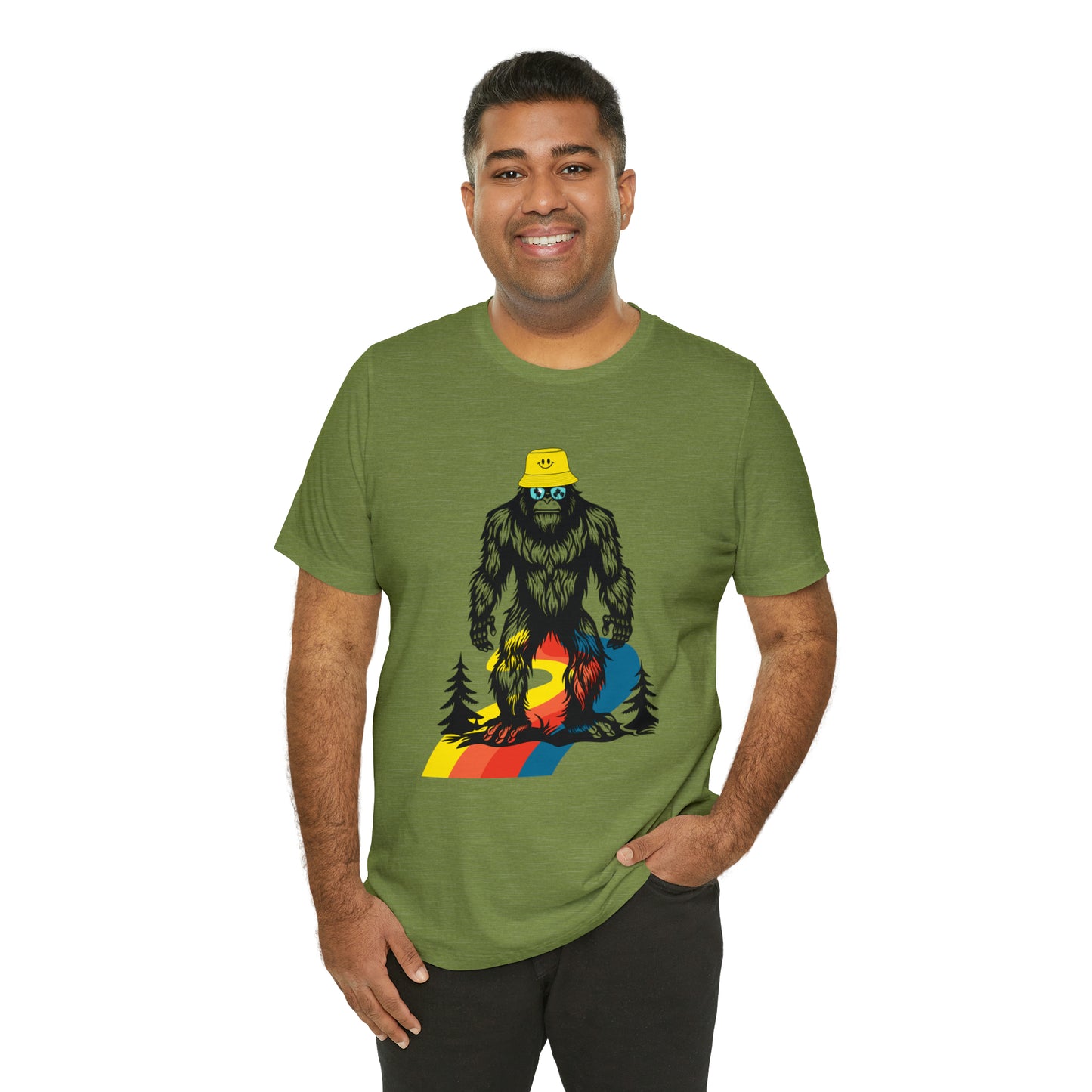 Bigfoot with smiley face hat Unisex Jersey Short Sleeve Tee