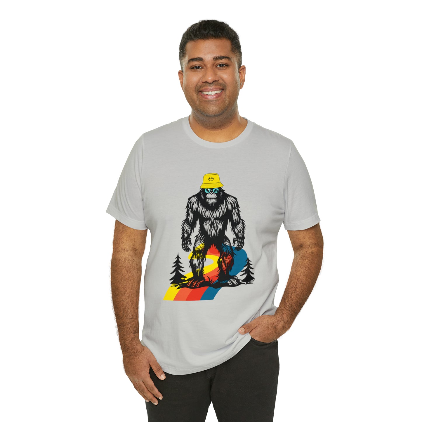 Bigfoot with smiley face hat Unisex Jersey Short Sleeve Tee