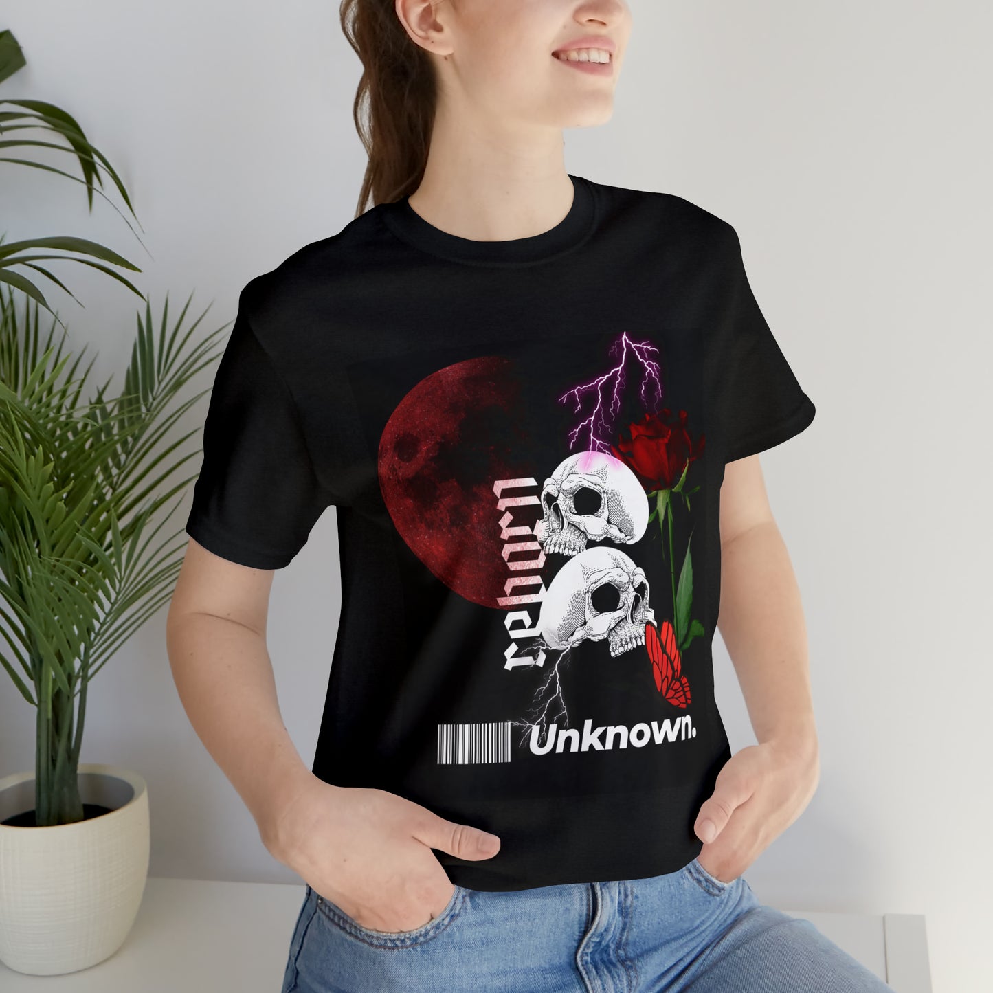 Reborn skull with red rose Unisex Jersey Short Sleeve Tee