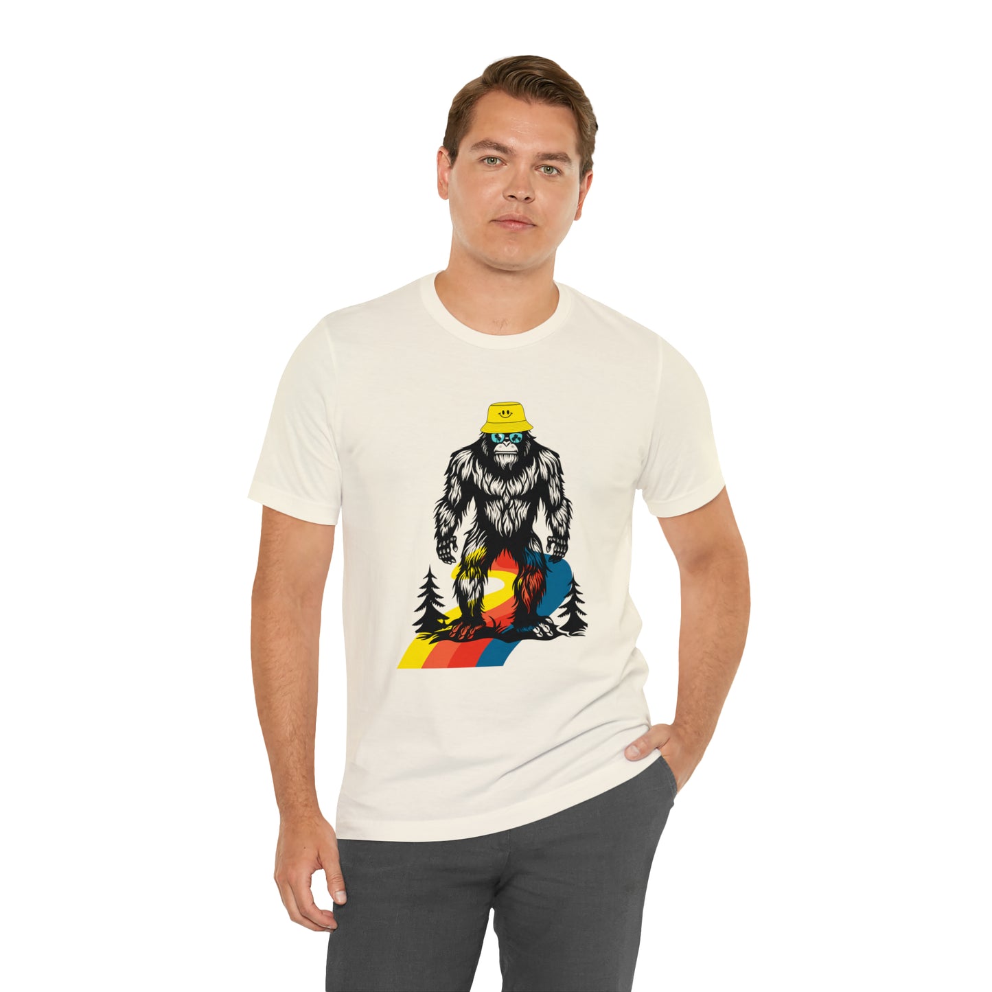 Bigfoot with smiley face hat Unisex Jersey Short Sleeve Tee