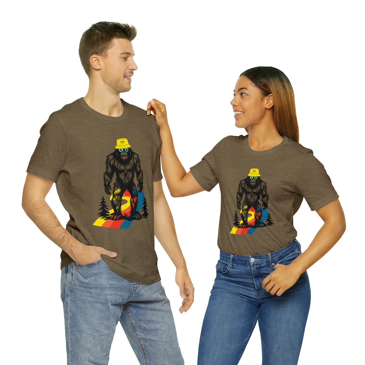 Bigfoot with smiley face hat Unisex Jersey Short Sleeve Tee