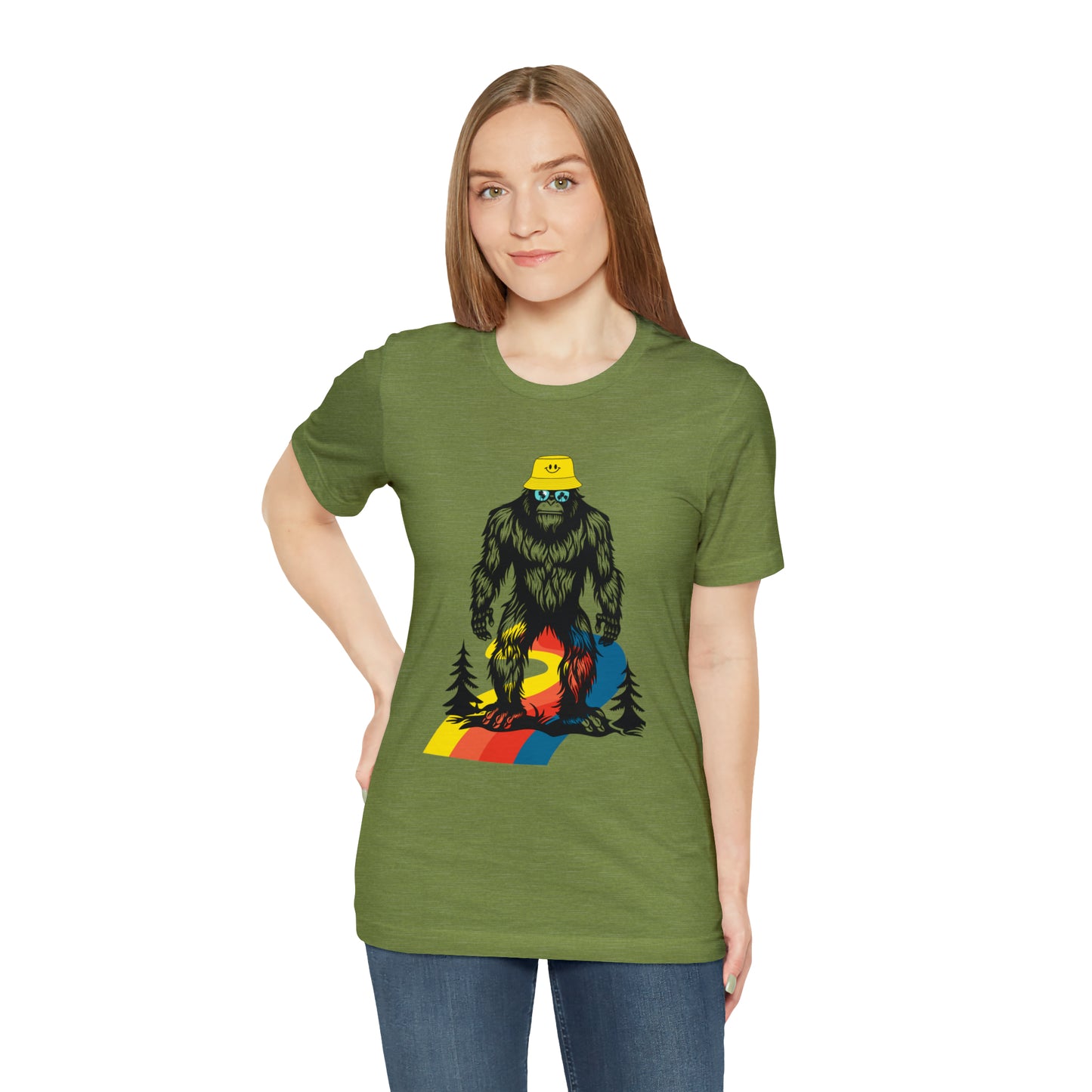 Bigfoot with smiley face hat Unisex Jersey Short Sleeve Tee