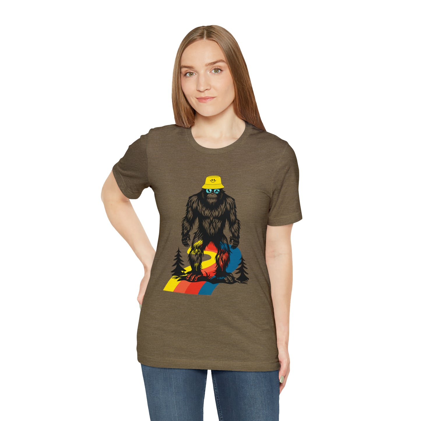 Bigfoot with smiley face hat Unisex Jersey Short Sleeve Tee