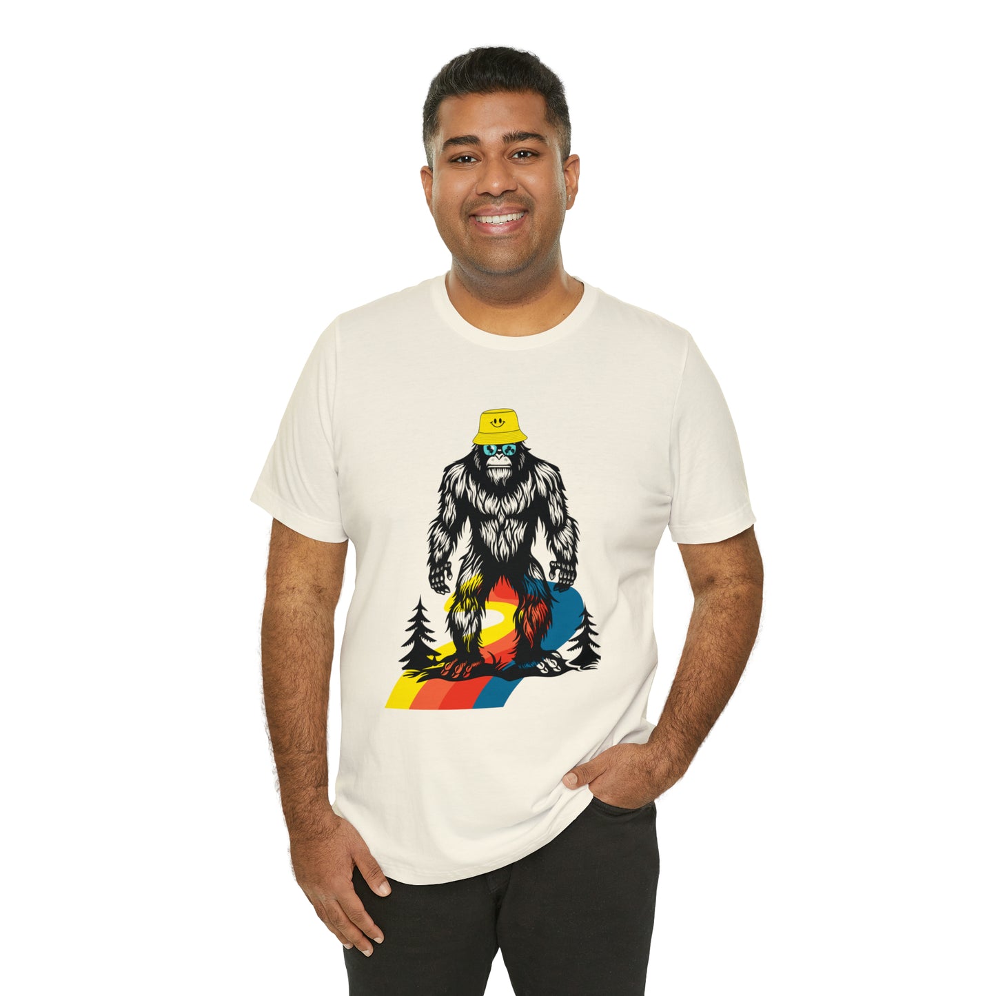 Bigfoot with smiley face hat Unisex Jersey Short Sleeve Tee