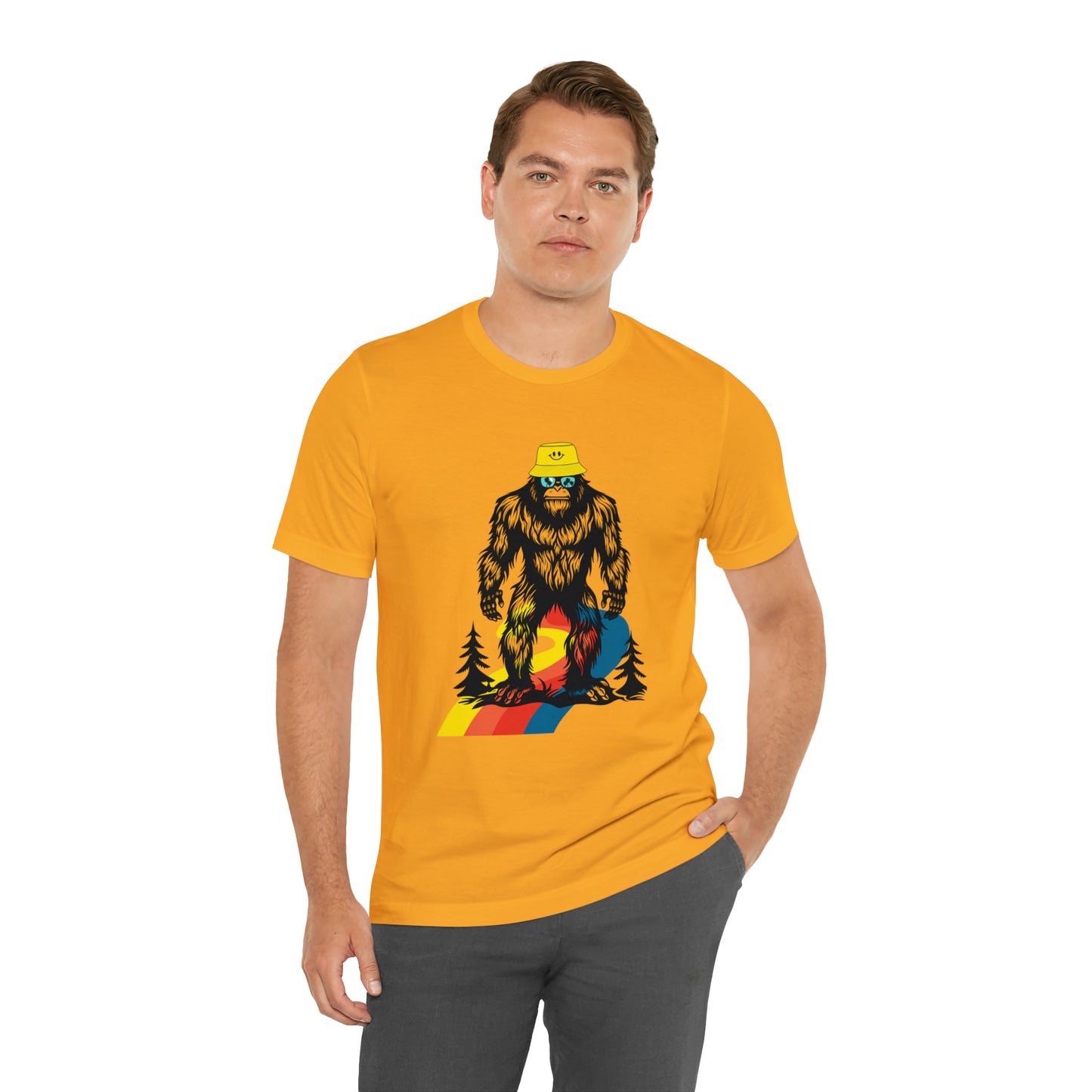 Bigfoot with smiley face hat Unisex Jersey Short Sleeve Tee