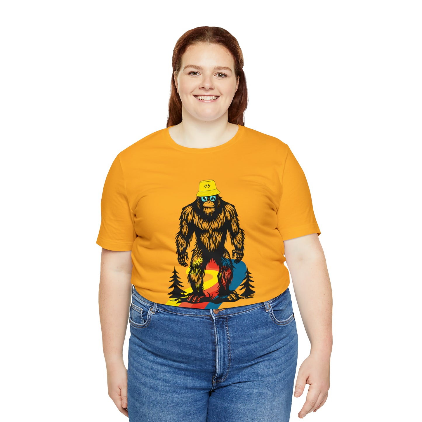 Bigfoot with smiley face hat Unisex Jersey Short Sleeve Tee