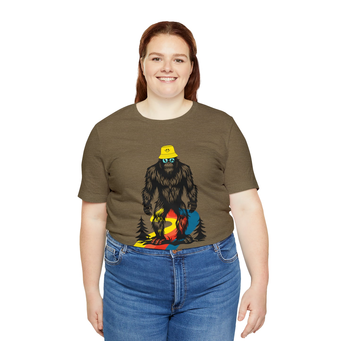 Bigfoot with smiley face hat Unisex Jersey Short Sleeve Tee