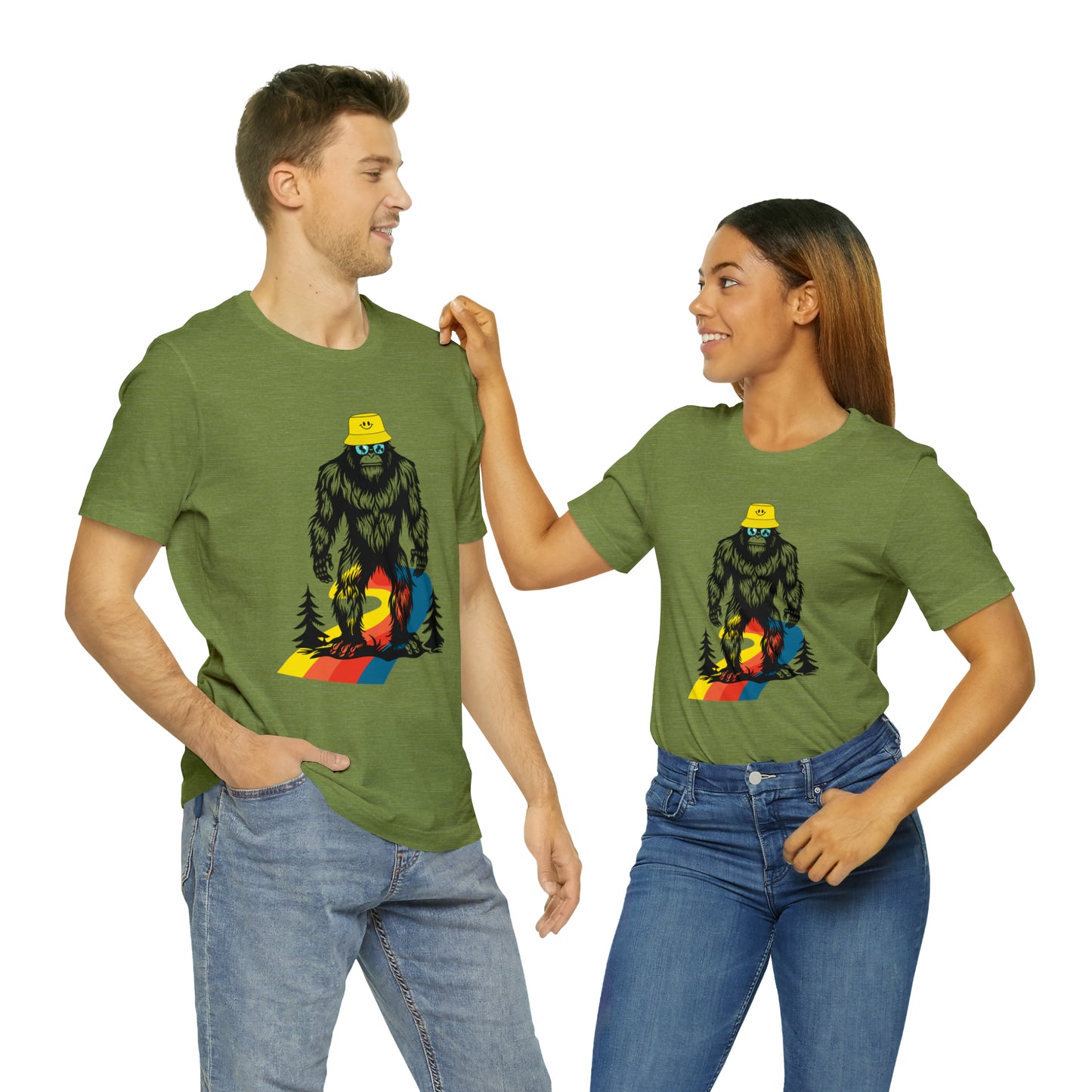 Bigfoot with smiley face hat Unisex Jersey Short Sleeve Tee