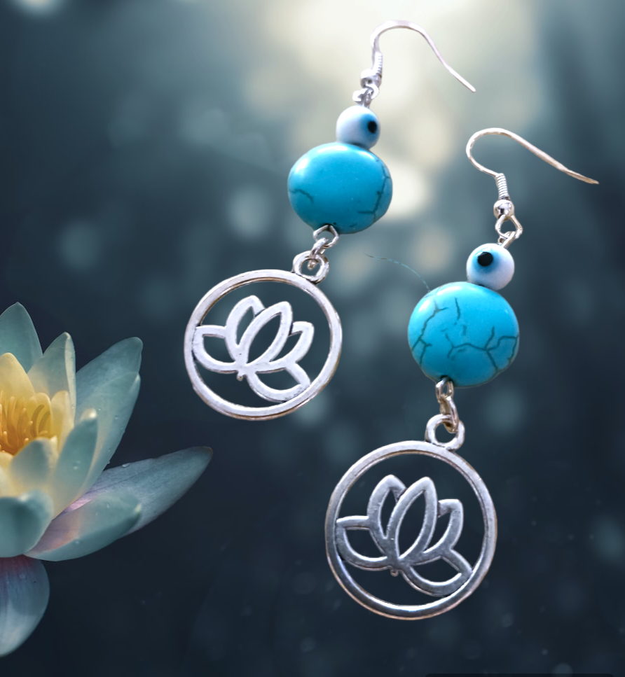 Earrings: Lotus flower charm/Turquoise