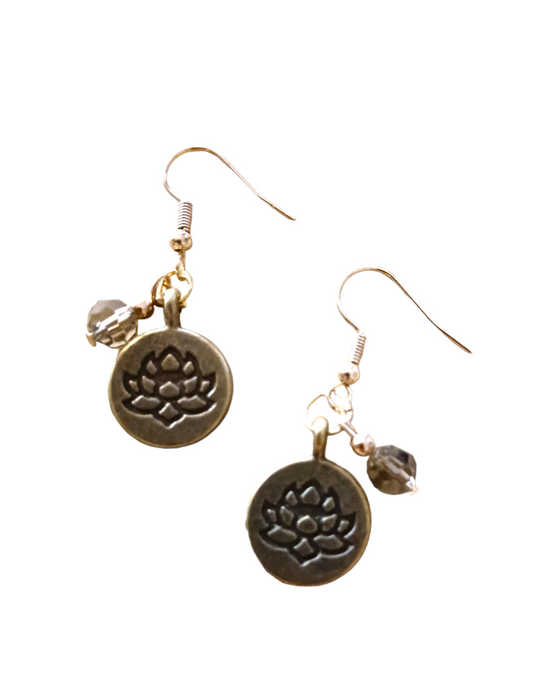 Earrings: Lotus flower stamped charm with bead