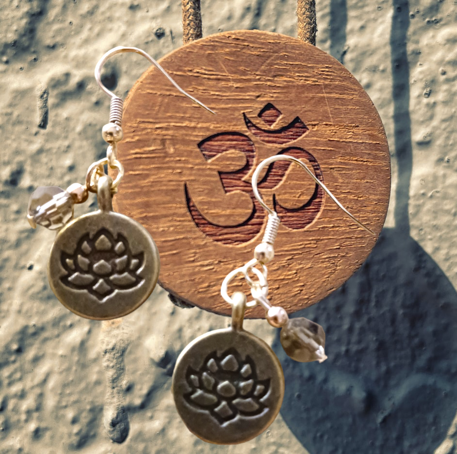 Earrings: Lotus flower stamped charm with bead