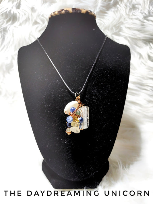 Cluster handwrapped copper pendant with Sodalite,  citrine and Jade crystal beads