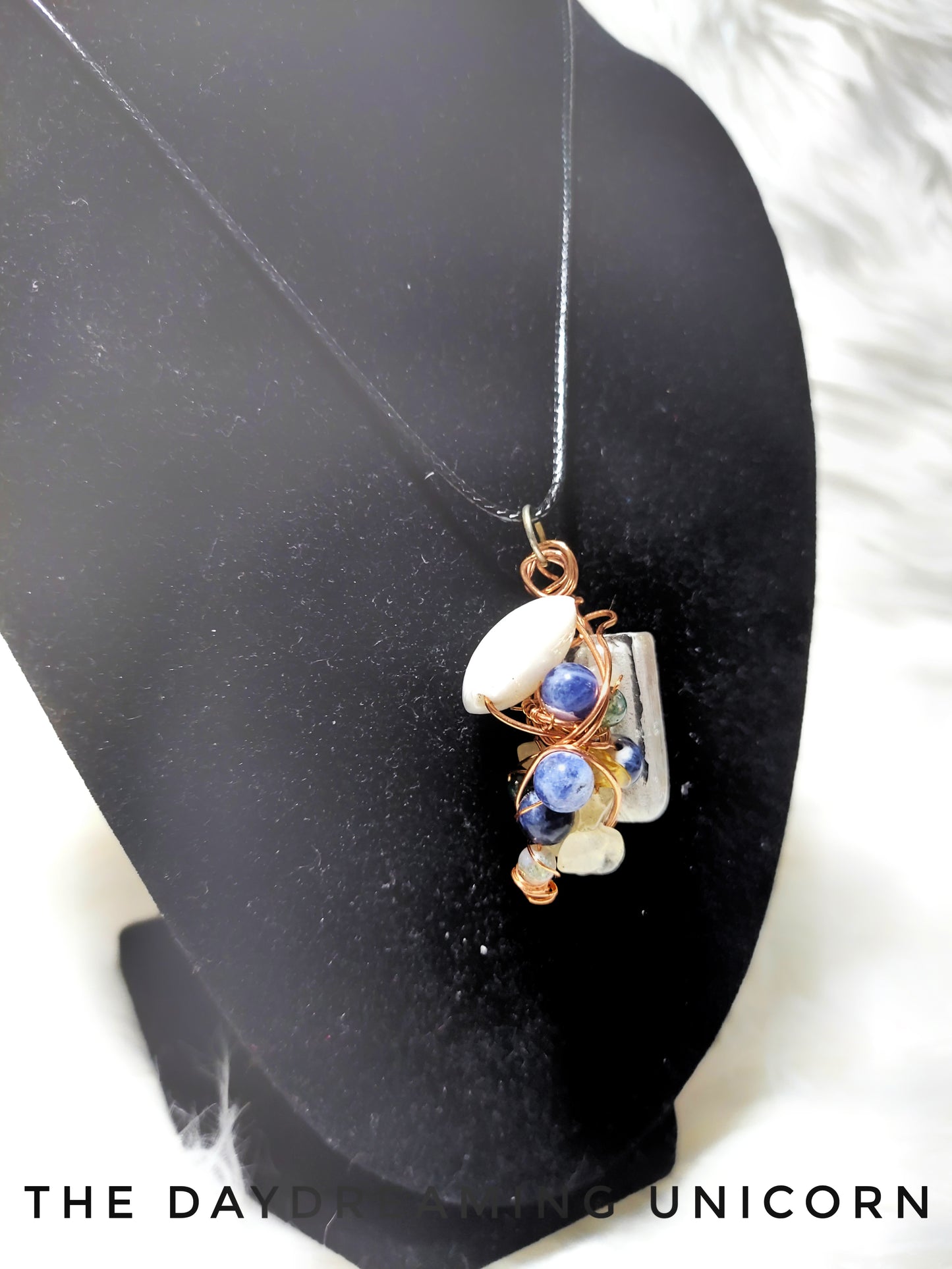 Cluster handwrapped copper pendant with Sodalite,  citrine and Jade crystal beads