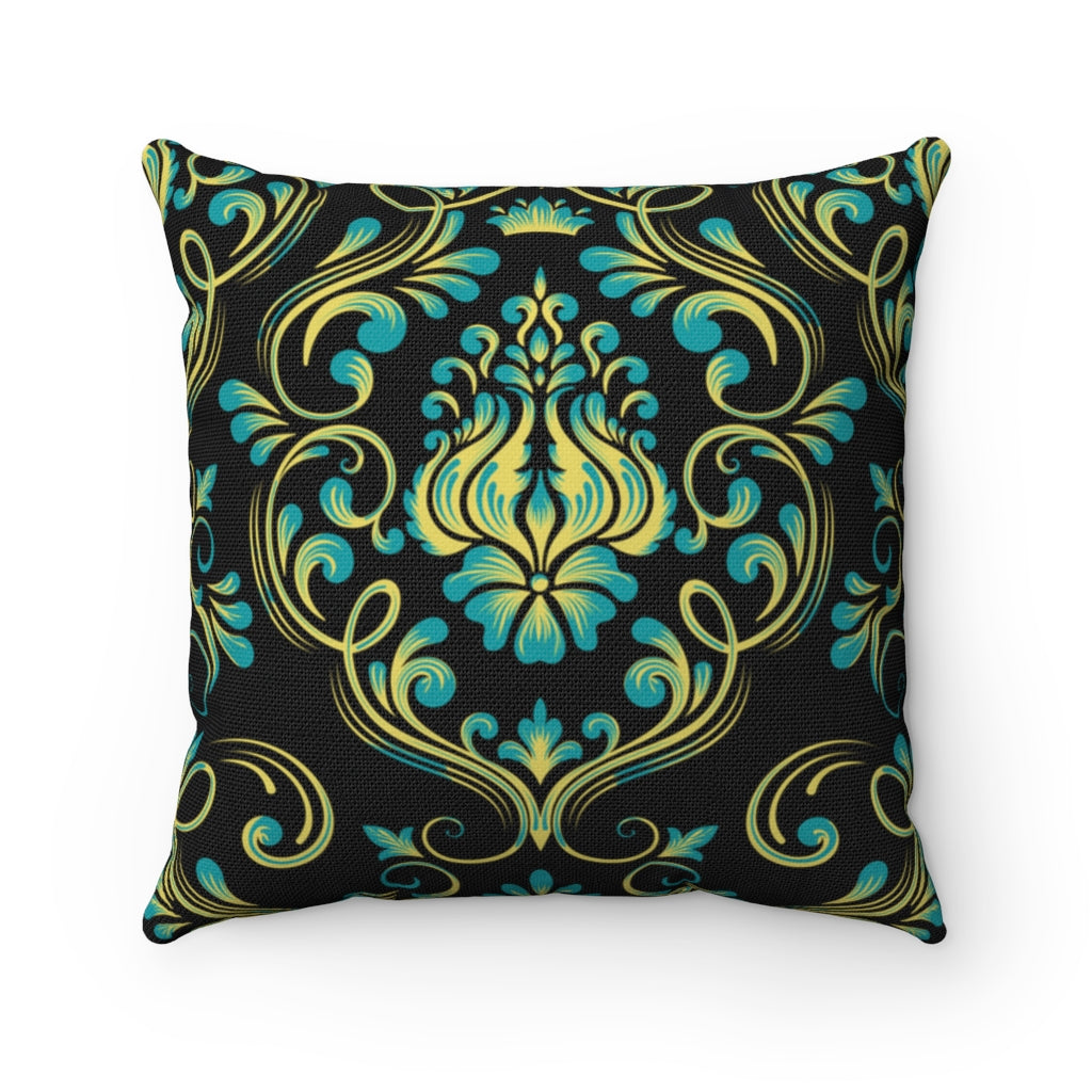 Teal and black Baroque Polyester Square Pillow