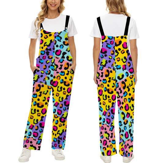 Colorful animal print Women's Casual Denim Jumpsuit Suspender Baggy Loose Overalls