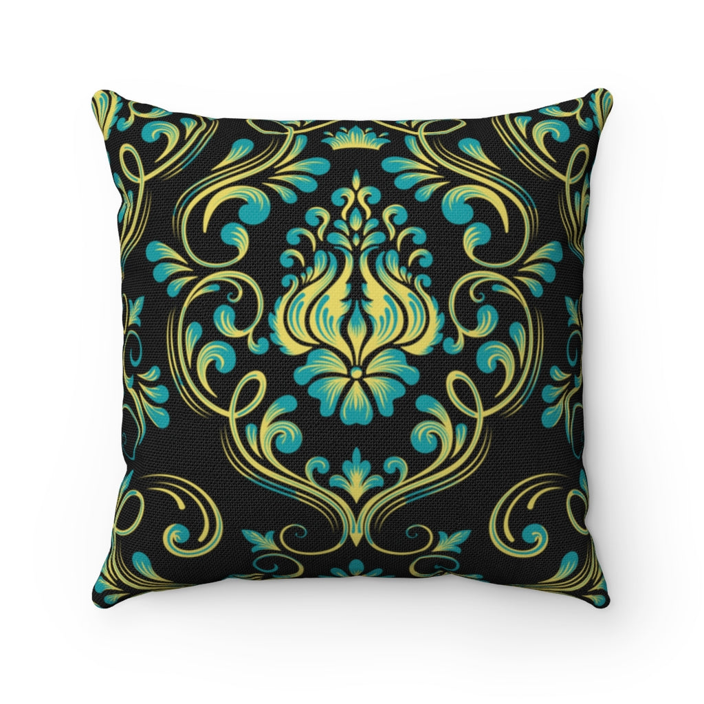 Teal and black Baroque Polyester Square Pillow