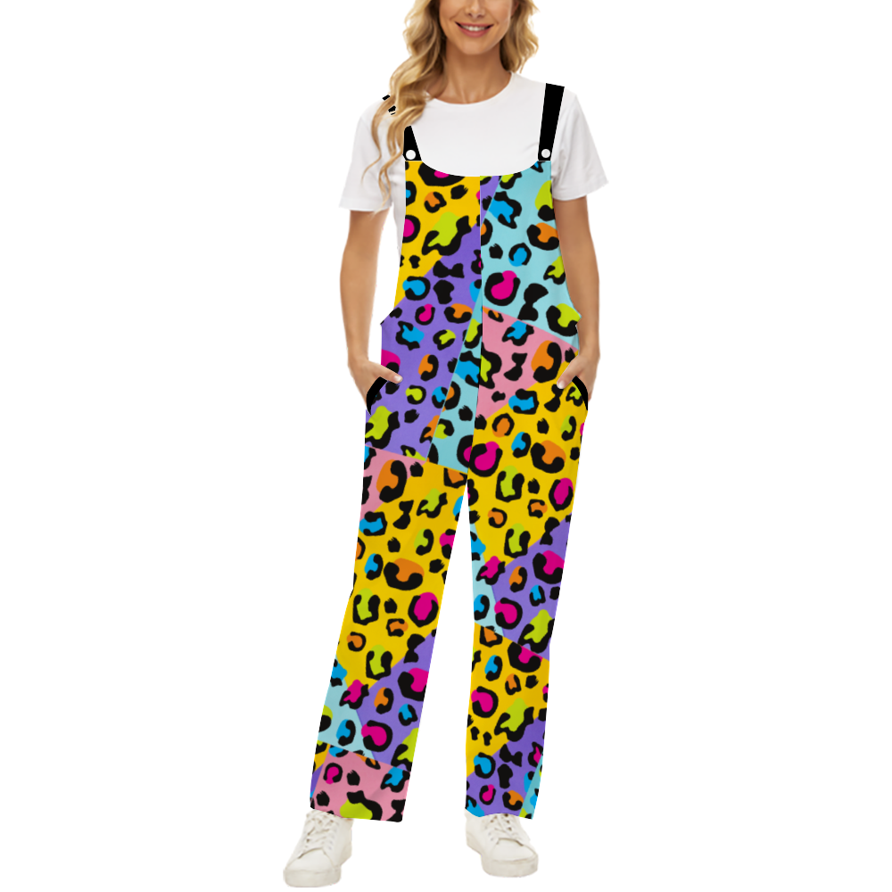 Colorful animal print Women's Casual Denim Jumpsuit Suspender Baggy Loose Overalls