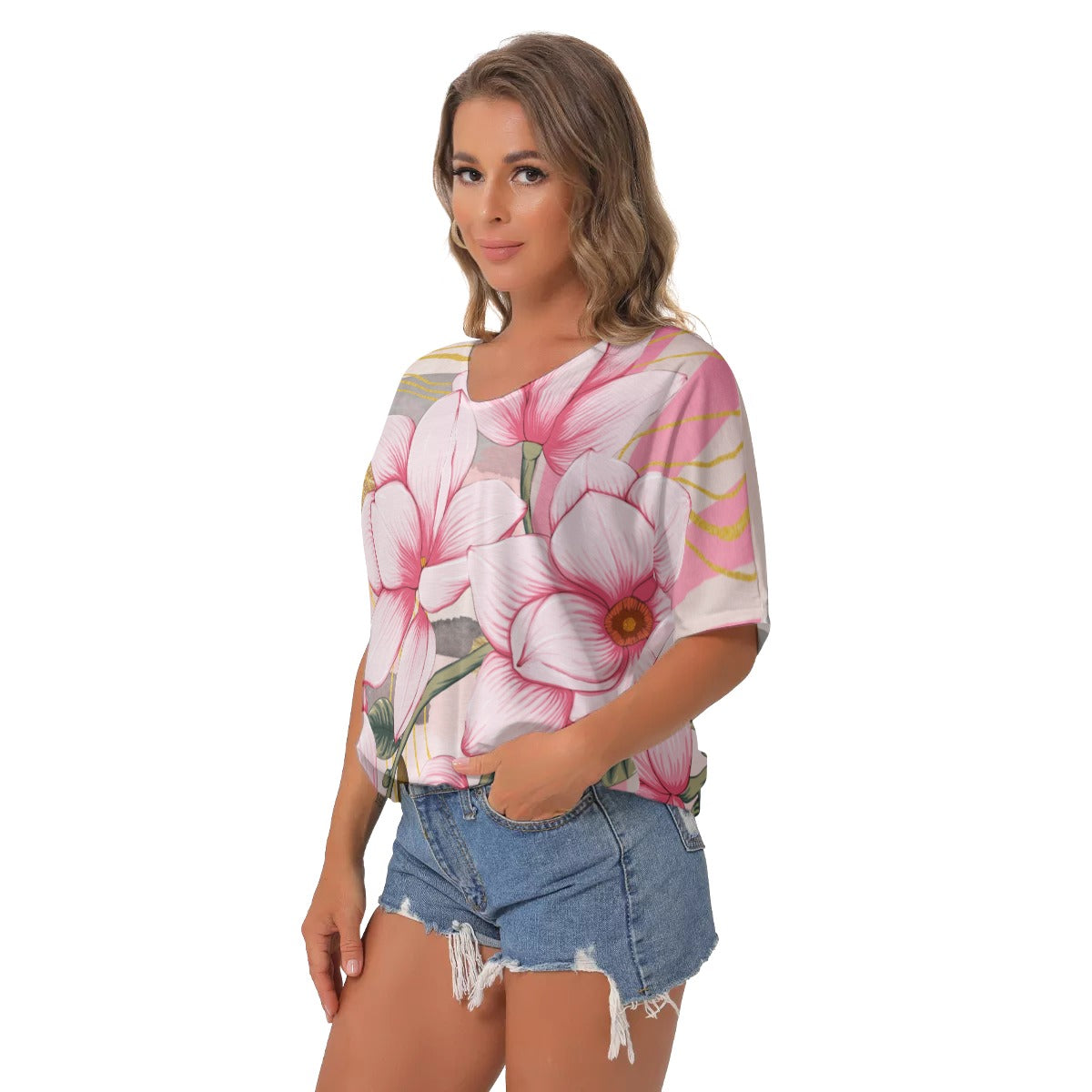 Pink magnolia All-Over Print Women's Bat Sleeves V-Neck Blouse