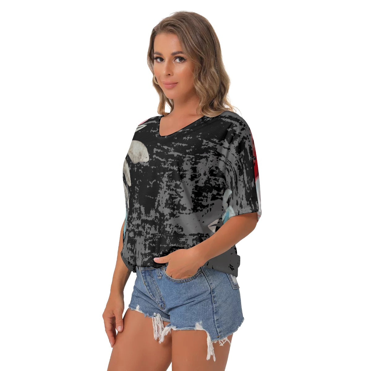 Black and floral All-Over Print Women's Bat Sleeves V-Neck Blouse