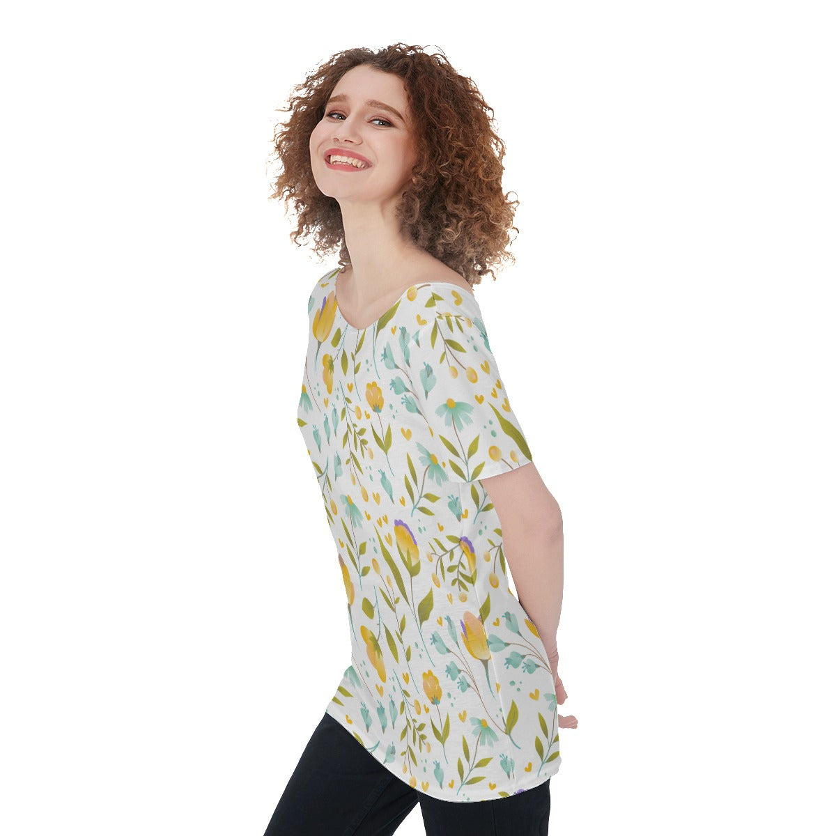 Floral  Women's Large Off-Shoulder T-Shirt