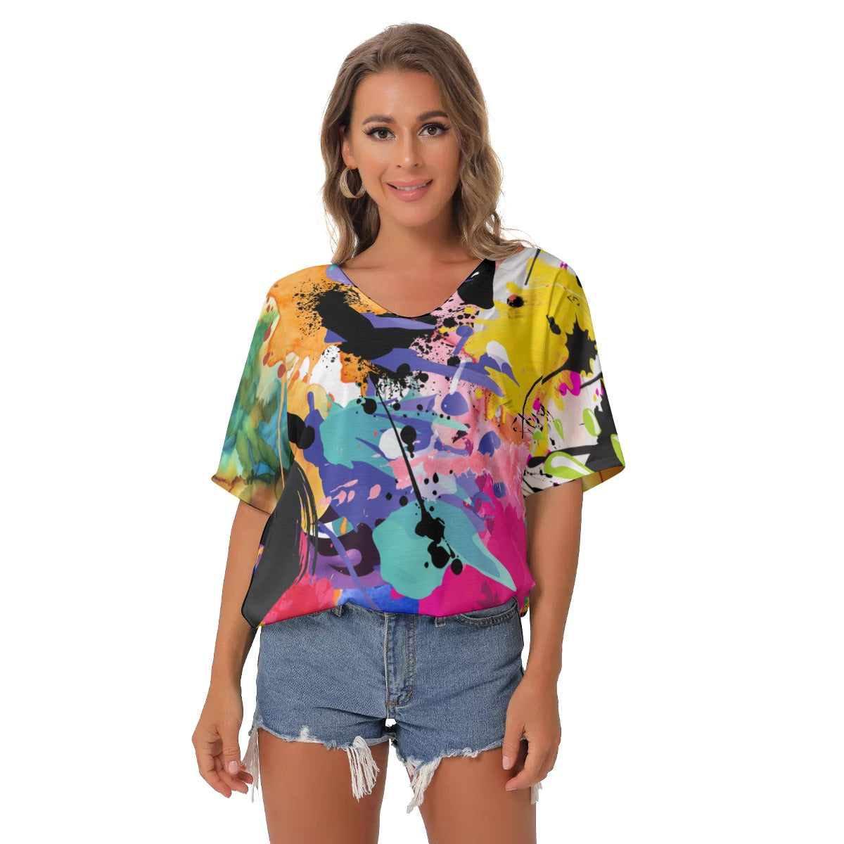 Graffiti abstract All-Over Print Women's Bat Sleeves V-Neck Blouse