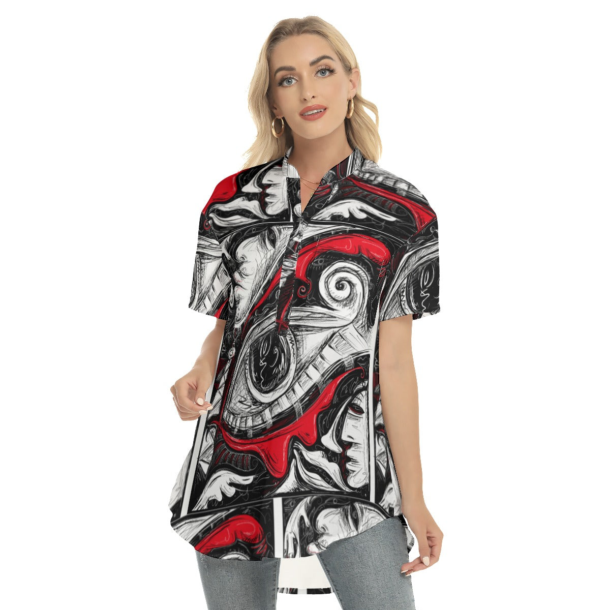 Abstract  Women's Stand-up Collar Shirt With Open Button