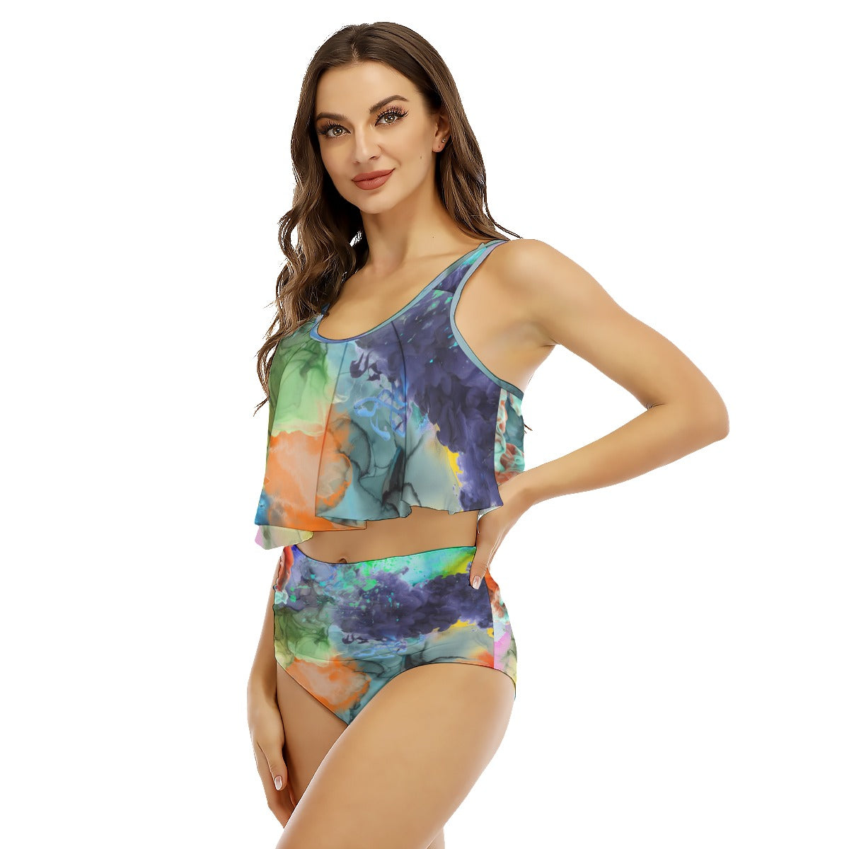 Watercolor abstract Women's Ruffled Vest Bikini Swimsuit