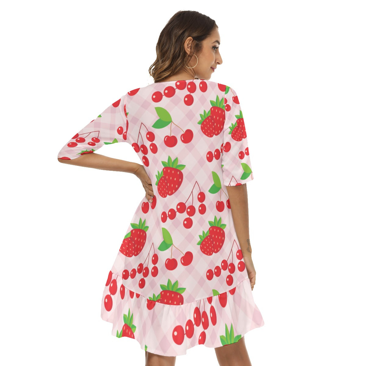 Strawberry and cherry Women's Half Sleeve Dress With Ruffle Hem