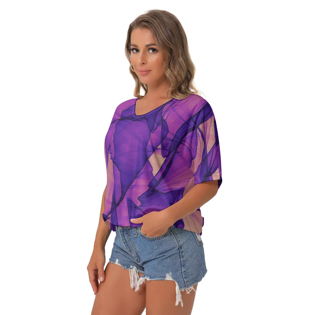 Purple abstract All-Over Print Women's Bat Sleeves V-Neck Blouse