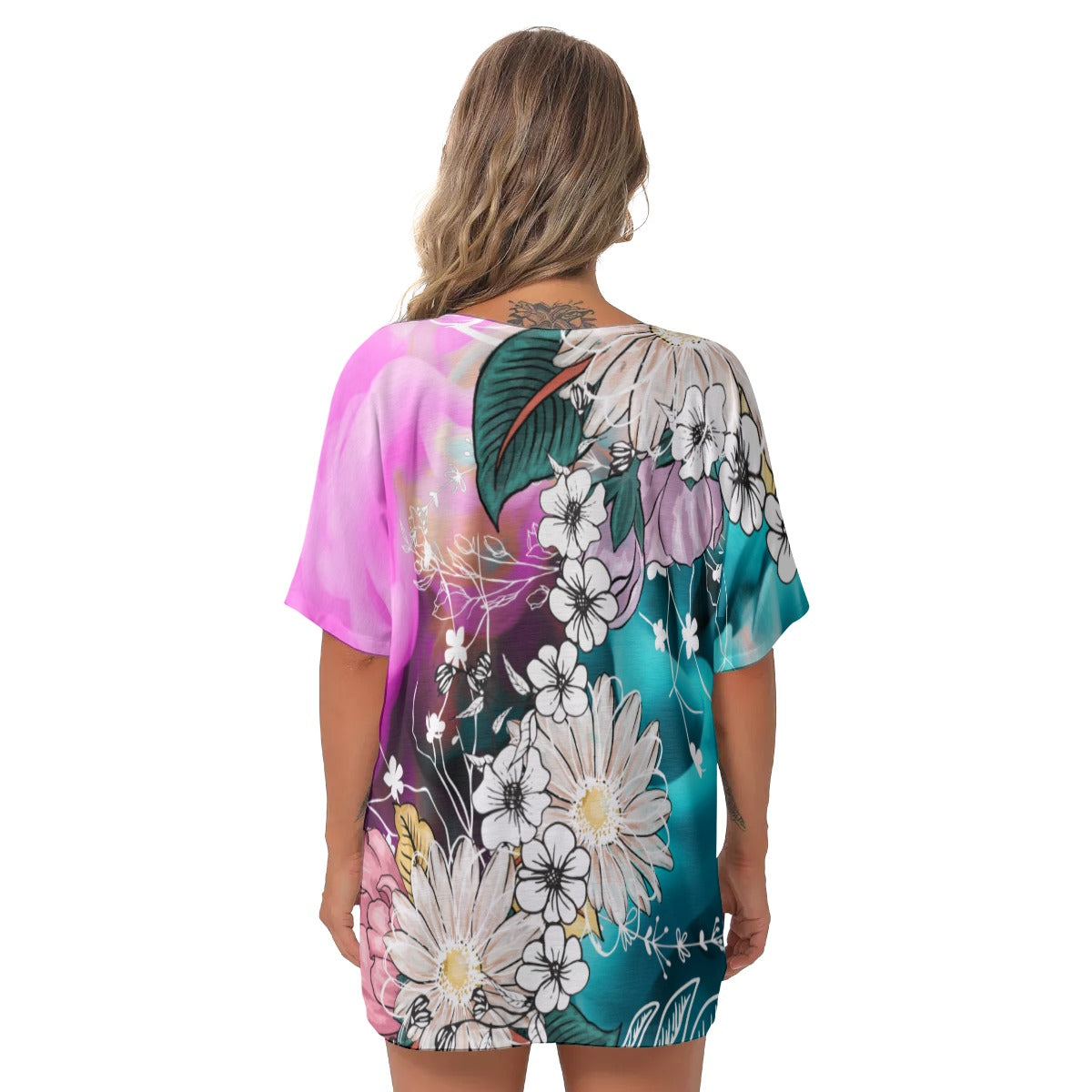 Pink abstract floral All-Over Print Women's Bat Sleeves V-Neck Blouse