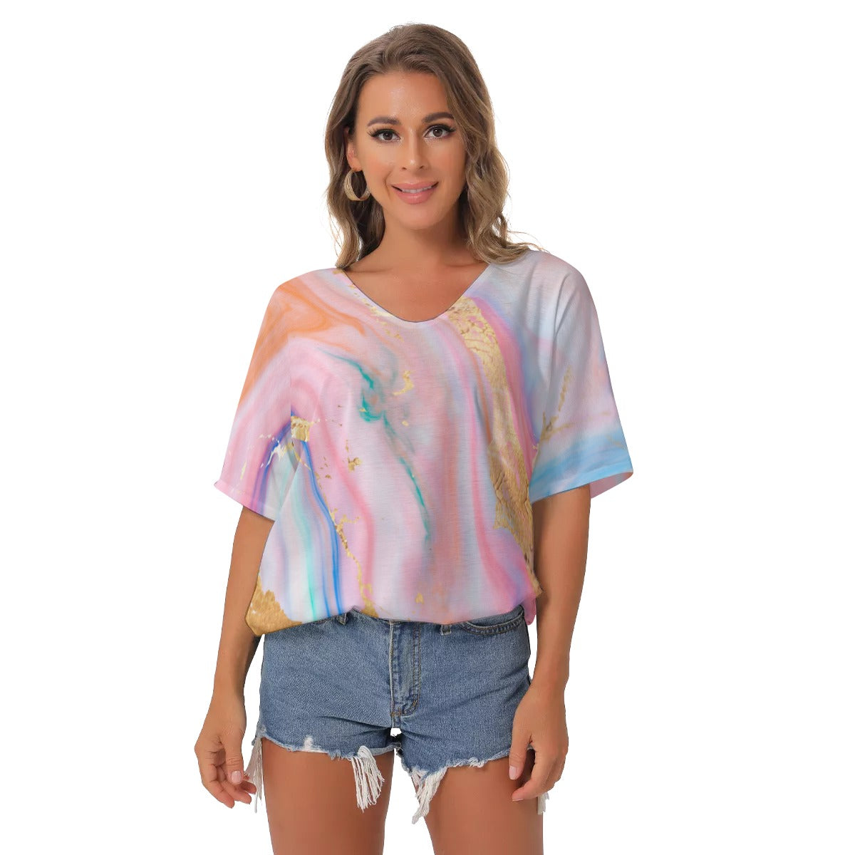 Pastel All-Over Print Women's Bat Sleeves V-Neck Blouse