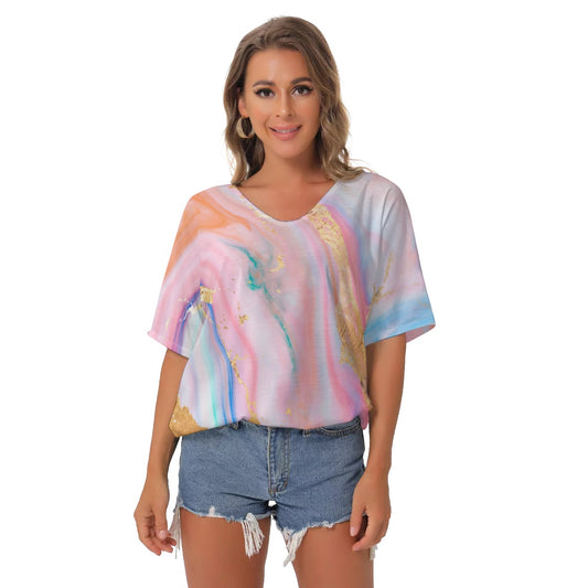 Pastel All-Over Print Women's Bat Sleeves V-Neck Blouse