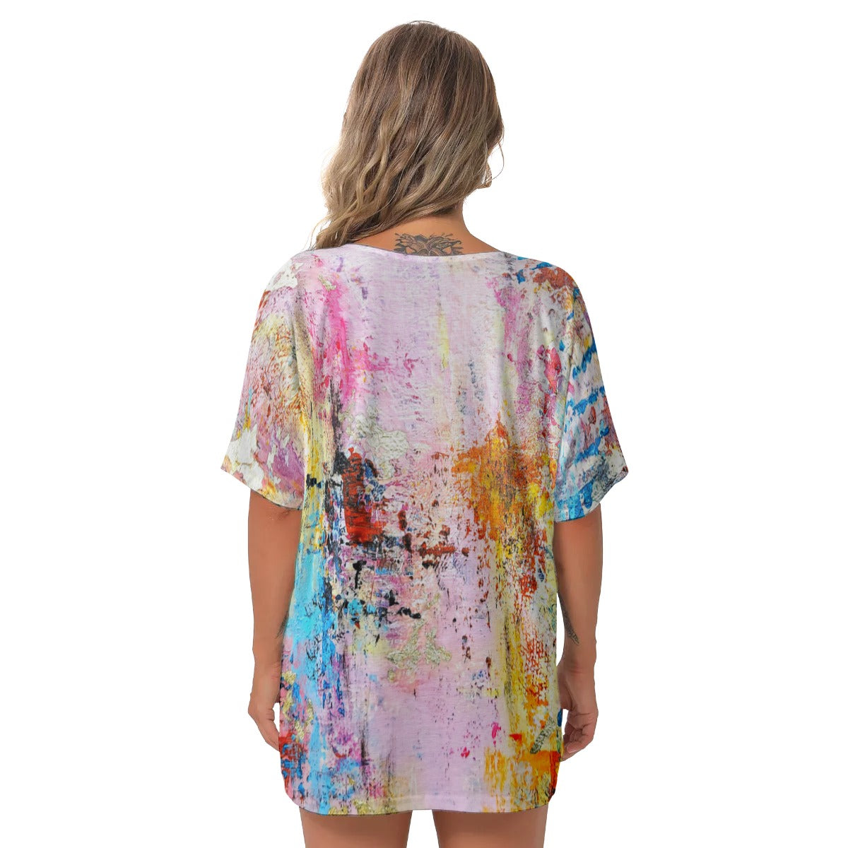 Pink abstract All-Over Print Women's Bat Sleeves V-Neck Blouse