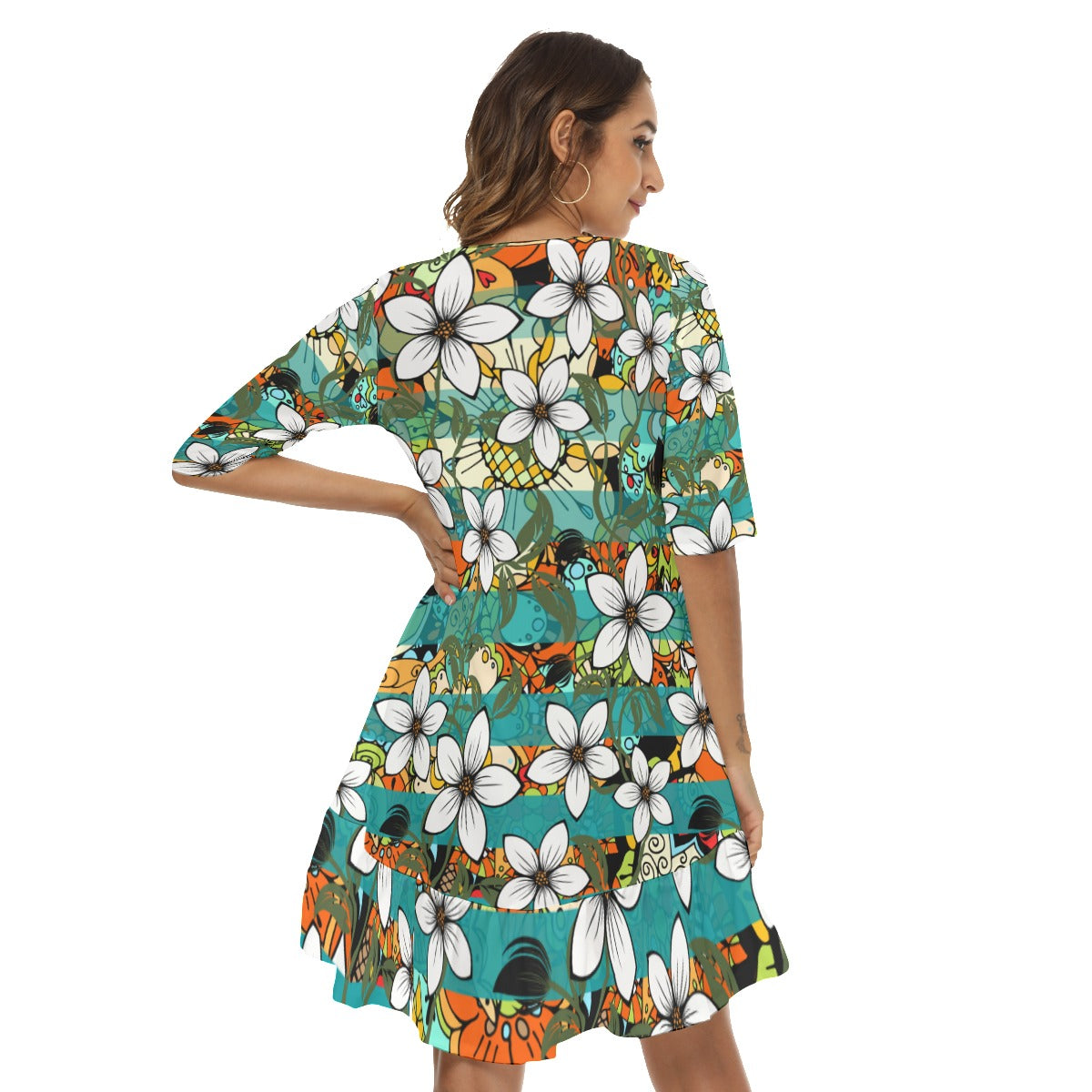 Teal floral Women's Half Sleeve Dress With Ruffle Hem