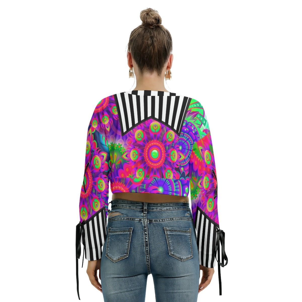 Bold and trippy Women's Long Sleeve Cropped Sweatshirt With Lace up sleeve