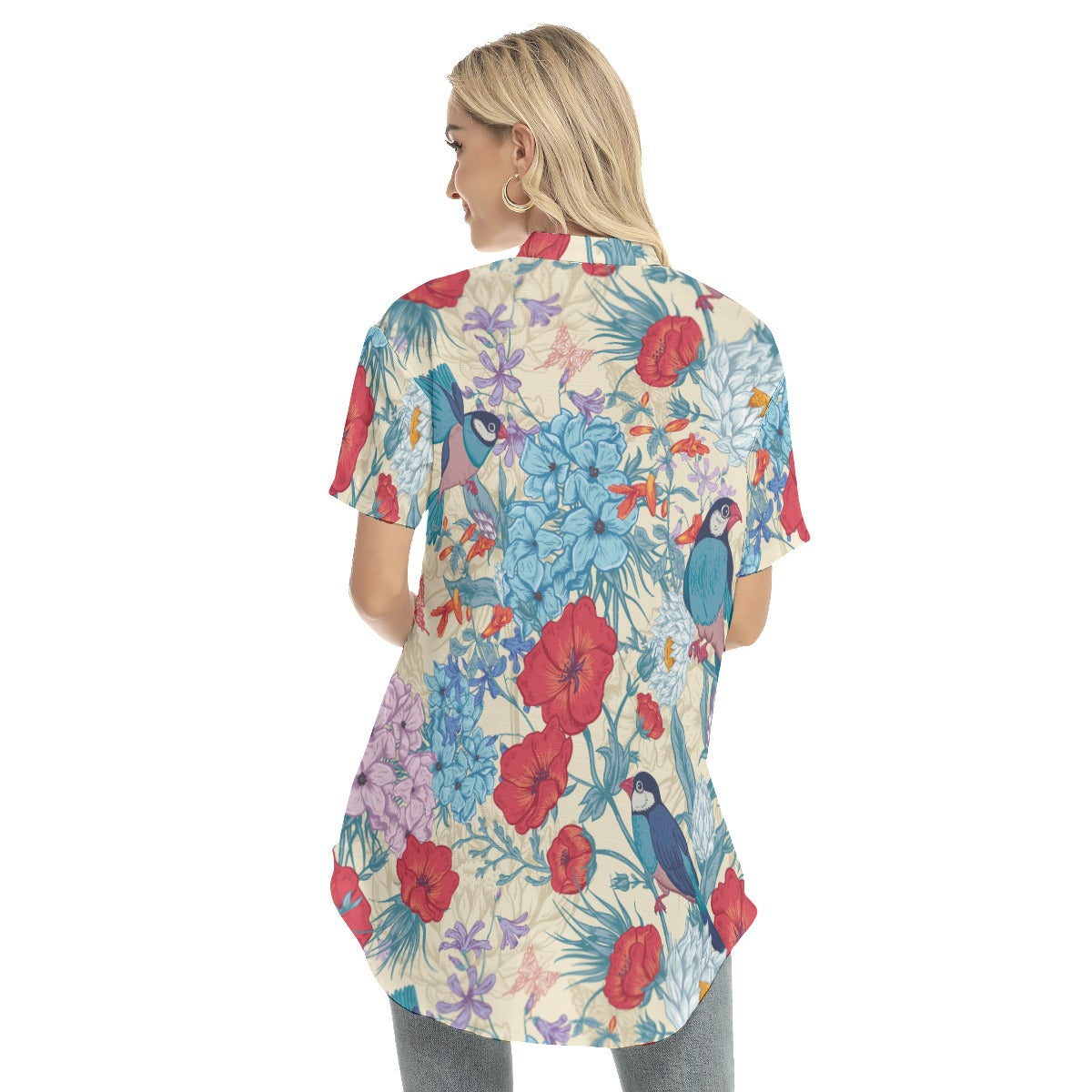 Floral Women's Stand-up Collar Shirt With Open Button