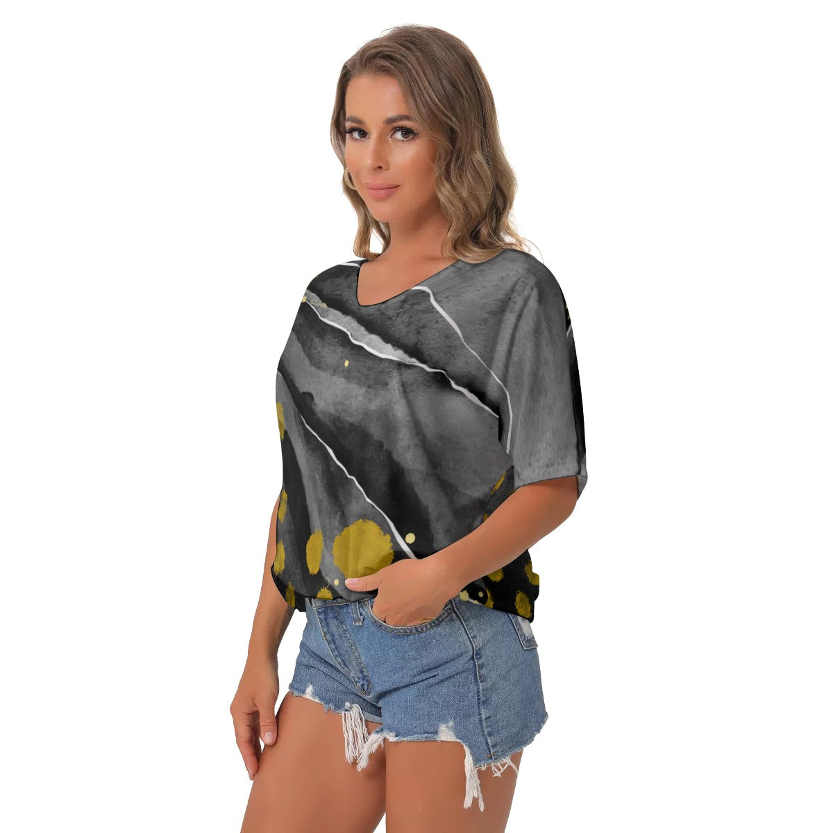 Black and gold All-Over Print Women's Bat Sleeves V-Neck Blouse