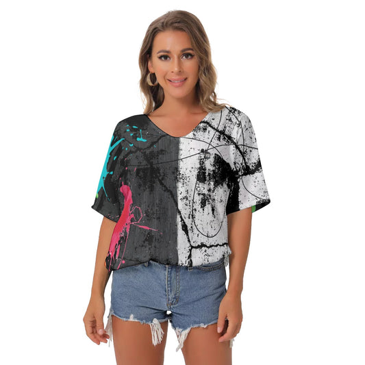 Black and white color splash All-Over Print Women's Bat Sleeves V-Neck Blouse