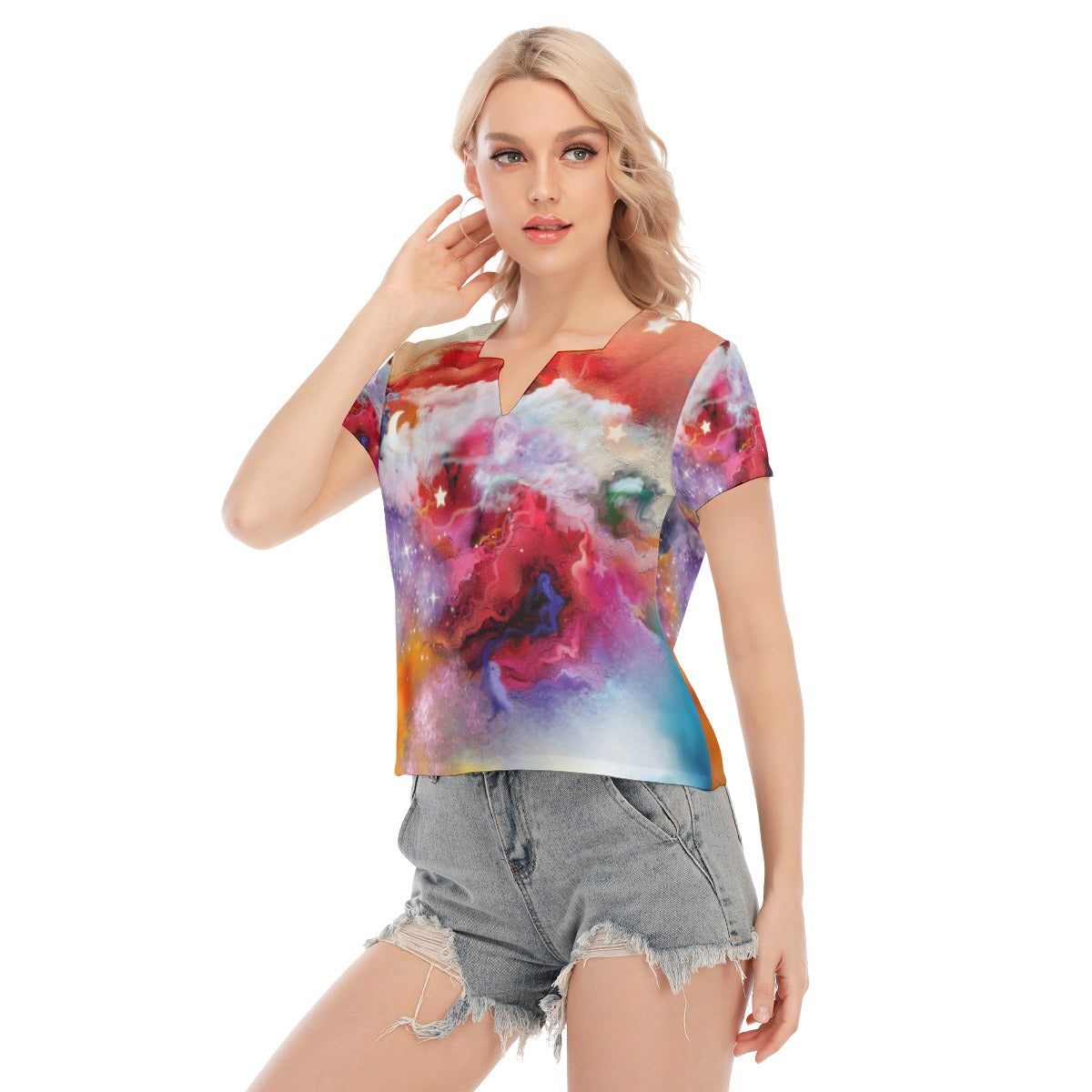 Galaxy All-Over Print Women's Stretch V-Neck Short-Sleeved Blouse